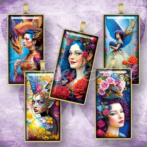 Puede incluir: Cinco colgantes de vidrio coloridos que representan mujeres con motivos florales y animales. Cada colgante tiene un marco dorado y un lazo para colgar.