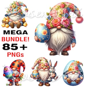 May include: A set of digital clipart featuring gnomes with floral hats and Easter eggs. The gnomes are holding eggs, sitting in eggs, and holding a bunny. The gnomes are wearing colorful clothing and have white beards. The eggs are decorated with flowers and other Easter designs.  MEGA BUNDLE! 85+ PNGs