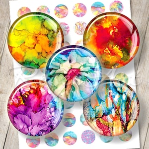 Folha de colagem digital abstrata com círculos de 1 polegada, imagens de tampa de garrafa de arco-íris para joias 30 mm, 25 mm, 1,25 ", 1,5" cabochão redondo para impressão para download