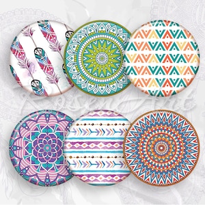 May include: Six round, colorful, patterned stickers with a variety of designs, including geometric shapes, feathers, and mandalas.