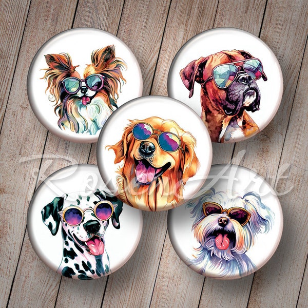 Cool Dogs 1 pouce rond Digital Collage Sheet mignon 1" images de bouchon de bouteille pour pendentifs 30mm 25mm 1.25" 1.5" cercles imprimable télécharger cabochon