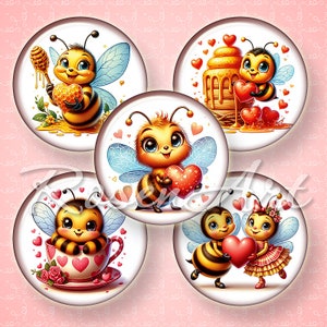 Cute Valentine Bees 1 inch circles 1&quot; bottle cap images 1.5&quot; 1.25&quot; 30mm 25mm download printable round digital collage sheet cabochon jewelry