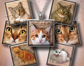 Cats & Kittens 1" square images for pendants 1x1 inch digital collage sheet 1.5" 7/8", Scrabble tiles charm printable download jewelry print