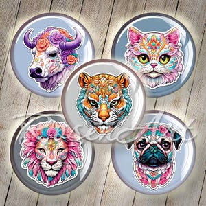May include: Set of six colorful round stickers featuring animal faces with intricate designs. The animals include a bull, a cat, a tiger, a lion, a pug, and a fox. Each sticker has a white background and a colorful design.