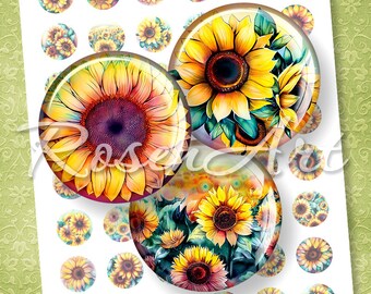 Sunflowers round bottle cap images for pendants, charm 20mm, 18mm, 16mm, 14mm 12mm Digital Collage Sheet circles printable download cabochon