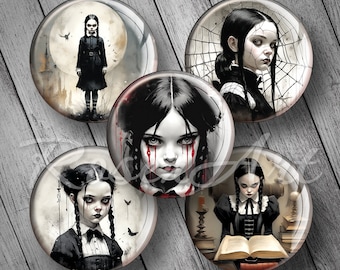 Imágenes de tapas de botellas de 1 pulgada para chicas góticas, dije de Halloween, hoja de collage digital redonda de 1 pulgada, 25 mm, 30 mm, círculos de 1,25", 1,5", imprimible, descargable, cabujón