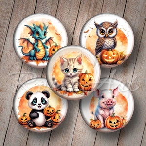 May include: Five round, colorful Halloween-themed buttons with images of a dragon, owl, cat, panda, and pig. Each button features a jack-o'-lantern and a watercolor background.