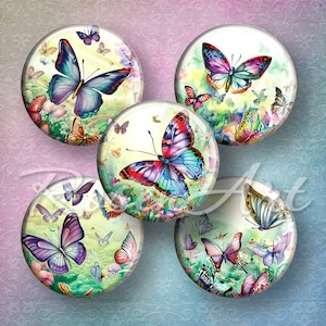 Foglio di collage digitale con cerchi da 1 pollice, farfalle da giardino, immagini di tappi di bottiglia da 1 pollice, 30 mm, 25 mm, 1,25", ciondolo cabochon rotondo da 1,5" stampabile scaricabile