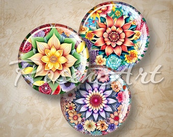 Floral Mandala digital collage sheet bottle cap images for earrings round download cabochon 20mm 18mm 16mm 14mm 12mm printable circles charm