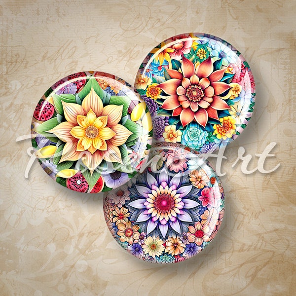 Floral Mandala digital collage sheet bottle cap images for earrings round download cabochon 20mm 18mm 16mm 14mm 12mm printable circles charm