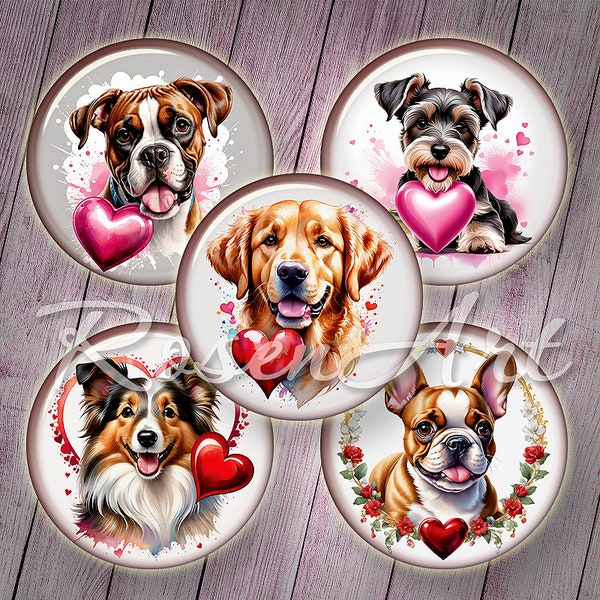 Loving Dogs & Puppies 1 pouce rond feuille de collage numérique images de bouchon de bouteille de la Saint-Valentin 30 mm 25 mm 1,25 " 1,5" cercle cabochon à téléchargement imprimable