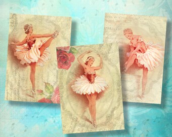 Printable Download vintage Ballet Dancer drawings ACEO, ATC cards Ballerina digital collage sheet, junk journal images for gift tags, labels