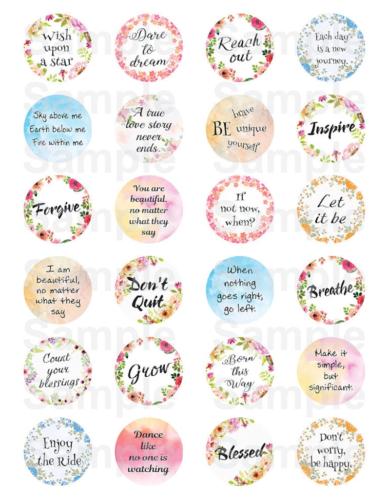 Op de afbeelding: Een set van 16 ronde, met aquarel geschilderde stickers met inspirerende citaten en bloemmotieven. De citaten zijn: "Wish upon a star", "Dare to dream", "Reach out", "Each day is a new journey", "Sky above me, Earth below me, Fire within me", "A true love story never ends", "Be brave, be unique yourself", "Inspire", "Forgive", "You are beautiful, no matter what they say", "If not now, when?", "Let it be", "I am beautiful, no matter what they say", "Don't quit", "When nothing goes right, go left", "Breathe", "Count your blessings", "Grow", "Born this way", "Make it simple, but significant", "Enjoy the Ride", "Dance like no one is watching", "Blessed", "Don't worry, be happy."