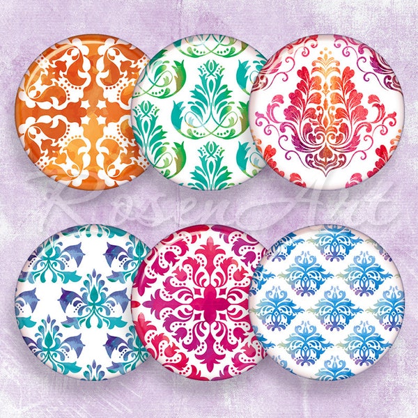 Damask 1" bottle cap images Moroccan Ornaments 1 inch circles Digital Collage Sheet cabochon 30mm, 25mm 1.25", 1.5" round printable download