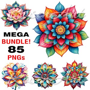 Mandala floral aquarela Lotus cliparts, PNG transparente Bundle imagens instantâneas para download digital, design de sublimação para impressão, diário de lixo