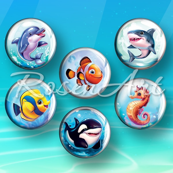 Sea World 1 inch circles fish digital collage sheet 30mm 25mm 1.25" 1.5" round printable download cabochon animal 1" bottle cap images shark