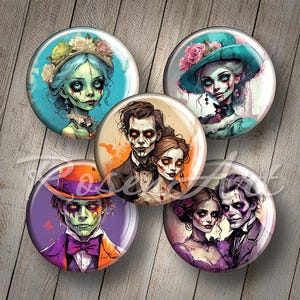 Puede incluir: Conjunto de seis pegatinas redondas, coloridas, ilustradas con temática de Halloween que presentan varios personajes con maquillaje y disfraces espeluznantes.