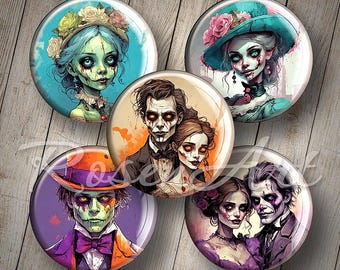 Victorian Zombies round download cabochon 20mm, 18mm 16mm, 14mm 12mm printable circles digital collage sheet Halloween bottle cap images art
