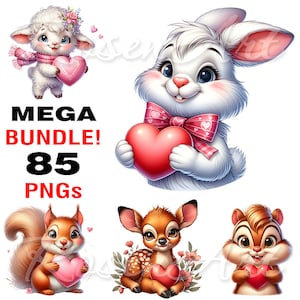 Cute Valentine Animals Cliparts transparent PNG Bundle watercolor printable sublimation design, instant digital download images cartoon pack