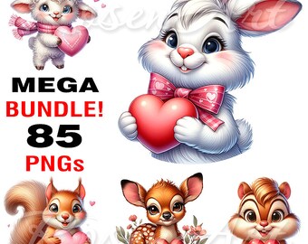 Cute Valentine Animals Cliparts transparent PNG Bundle watercolor printable sublimation design, instant digital download images cartoon pack