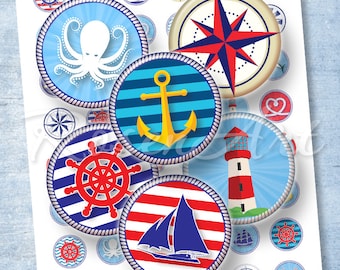 Nautical Digital Collage Sheet round anchor 1 inch circles ship 1" bottlecap images printable download cabochon pendant 30mm 25mm 1.25" 1.5"