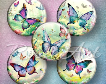 Garden Butterflies round digital collage sheet 20mm, 18mm 16mm, 14mm, 12mm printable circles bottlecap images for pendants download cabochon
