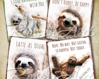 Watercolor Sloth digital images for Coasters, 3.8x3.8 inch set of 8 square designs, instant download printable sublimation transfer graphics