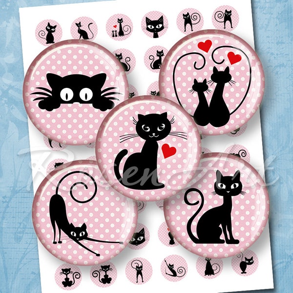 Cute Black Cat digital collage sheet circles kitten bottlecap images earrings download cabochon 20mm, 18mm 16mm, 14mm, 12mm round printable