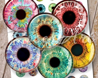 Eyes Digital Collage Sheet 1&quot; bottlecap images for pendants iris 1 inch circles 1.5&quot;, 1.25&quot;, 25mm 30mm round printable download cabochon art