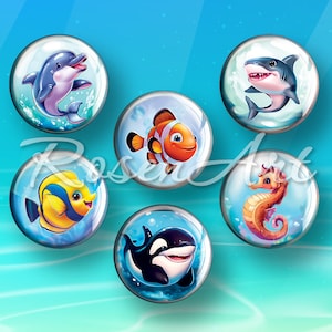 May include: Six colorful cartoon sea creatures, including a dolphin, shark, clownfish, angelfish, seahorse, and orca, are depicted in individual bubble-like circles against a blue background.