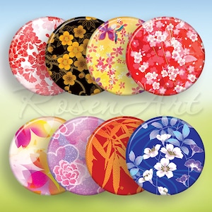May include: Eight round buttons with different Japanese-inspired floral and geometric patterns. The buttons are in various colors, including red, yellow, blue, black, and pink.