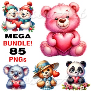 Cute Valentine Bears Clipart transparent PNG Bundle watercolor printable sublimation design instant digital download images dtf cartoon pack