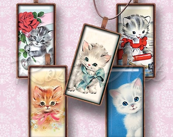 Retro Kittens & Cats Digital Collage Sheet 1x2" Domino Tile-afbeeldingen, 1x2 inch printbare download cabochon, 15x30mm, bamboe 0,75x1,5"(19x38mm)