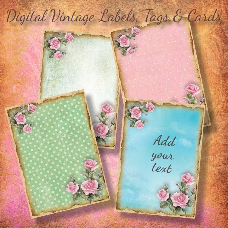 digital labels Junk Journals ephemera romantic flower images for gifts cardmaking cards Printable Download Vintage hang tags scrapbook