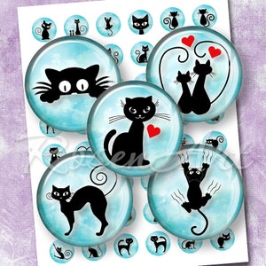 Cute Black Cat digital collage sheet kitten bottle cap images earrings round download cabochon 20mm, 18mm, 16mm 14mm, 12mm printable circles