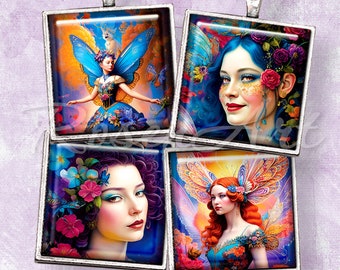 Älvor och blommiga flickor 2,5 cm kvadratiska bilder 2,5 x 2,5 cm digitalt collageark utskrivbart nedladdningsbart cabochon 3,8 cm, 18 cm, Scrabble kakel hängen berlock