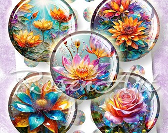 Floral Art round digital collage sheet 20mm, 18mm 16mm, 14mm 12mm printable circles instant download cabochon bottle cap images for earrings
