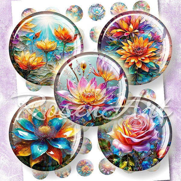 Floral Art round digital collage sheet 20mm, 18mm 16mm, 14mm 12mm printable circles instant download cabochon bottle cap images for earrings