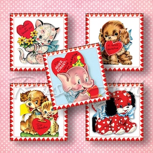 May include: A collection of vintage Valentine's Day cards featuring adorable animal illustrations. Each card has a white background with a red heart border. The cards include a kitten, puppy, elephant, and teddy bear, each holding a heart with a message.