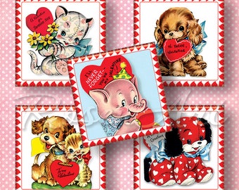 Retro Valentine digital collage sheet 1" square images 1x1 inch 1.5" 7/8" Scrabble tiles pendants art printable download cabochon love charm