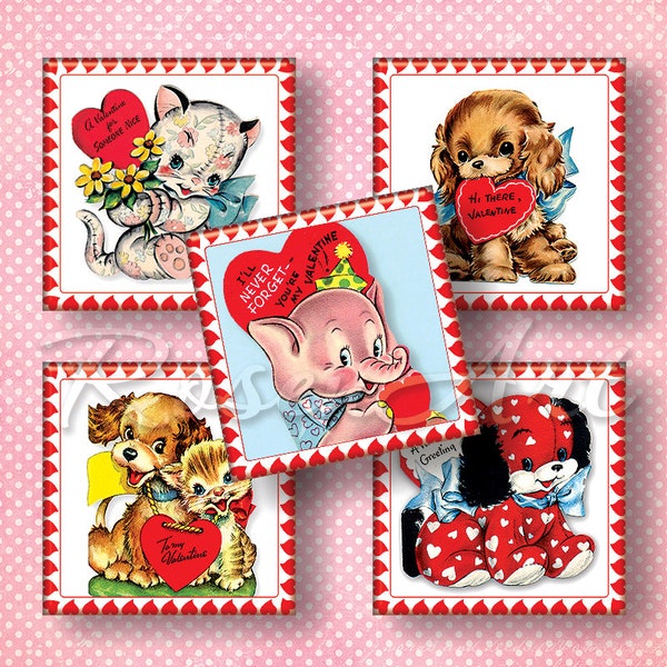 Retro Valentine digital collage sheet 1" square images 1x1 inch 1.5" 7/8" Scrabble tiles pendants art printable download cabochon love charm