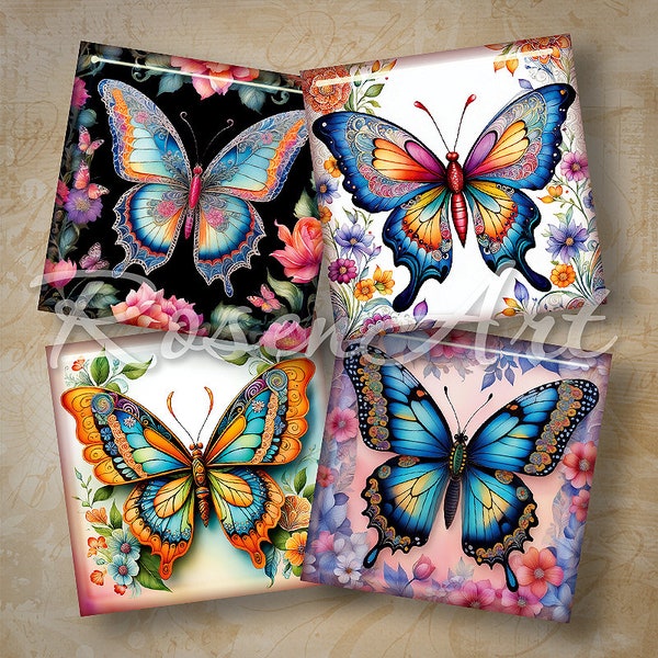 Butterflies 1" square images 1x1 inch digital collage sheet cabochon download printable design 1.5" 7/8" Scrabble tiles pendants inchy charm