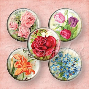 Viktorianische Blumen 1" Kronkorken Bilder für Anhänger 1 Zoll Kreise digitale Collage Blatt Cabochon download printable rund 25 30mm 1.25" 1.5"