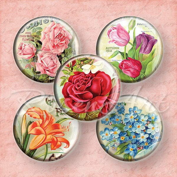 Victorian Flowers 1" bottle cap images for pendant 1 inch circles digital collage sheet cabochon download printable round 25 30mm 1.25" 1.5"