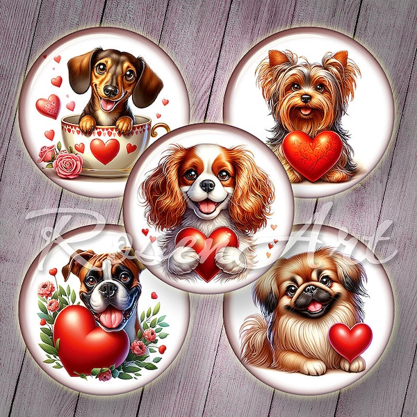 Aimer les chiens et les chiots, 20 mm, 18 mm, 16 mm, 14 mm, 12 mm, cabochon rond imprimable, feuille de collage numérique, images de la Saint-Valentin, bouchon de bouteille