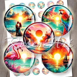 Tropischer Sonnenuntergang & Sonnenaufgang 1 ""Flaschenverschluss Bilder 1-Zoll-Kreise Digital Collage Sheet 1,5", 1,25" 30 mm, 25 mm runder druckbarer Download-Cabochon."