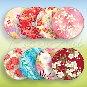 May include: Eight round, colorful buttons with Japanese-inspired floral patterns. The buttons feature a variety of colors, including red, pink, blue, white, and yellow. The patterns are intricate and detailed, and they would be perfect for adding a touch of Japanese style to any project.