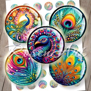 Paons magiques 1 pouce cercle 1" images de bouchon de bouteille pour pendentif cabochon imprimable téléchargement 25 mm 30 mm 1,25" 1,5" feuille de collage numérique ronde