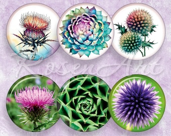 Folha de colagem digital com vários desenhos de alcachofras e cardos em círculos de 2,5 cm (1 polegada), imagens de tampas de garrafa de 2,5 cm (1 polegada), redondas, de 30 mm, 25 mm, 3,2 cm (1,25 polegadas) e 3,8 cm (1,5 polegadas), para impressão.