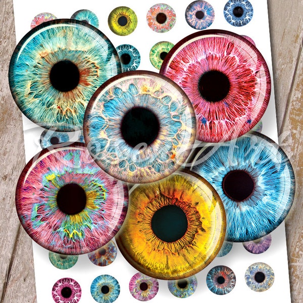 Eyes Digital Collage Sheet iris bouteille cap images pour boucles d’oreilles 12mm 14mm, 16mm 18mm 20mm rond imprimable télécharger cabochon cercles art charme